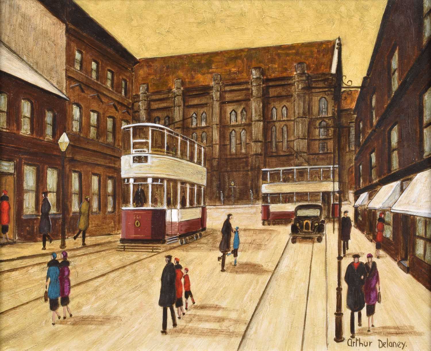 Arthur Delaney (British 1927-1987) Manchester street scene with trams and figures