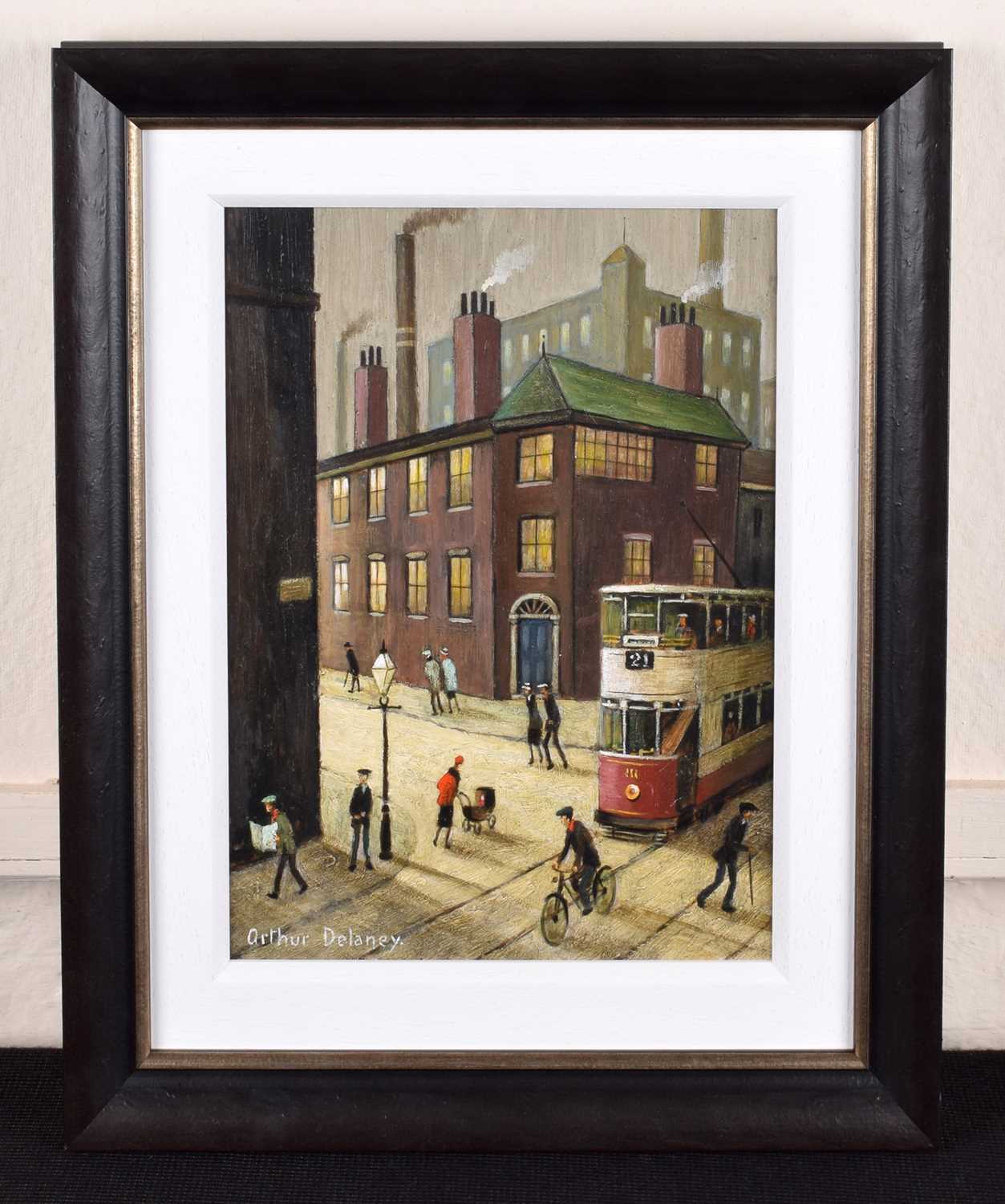 Arthur Delaney (British 1927-1987) Manchester street corner with figures and a tram - Image 2 of 2