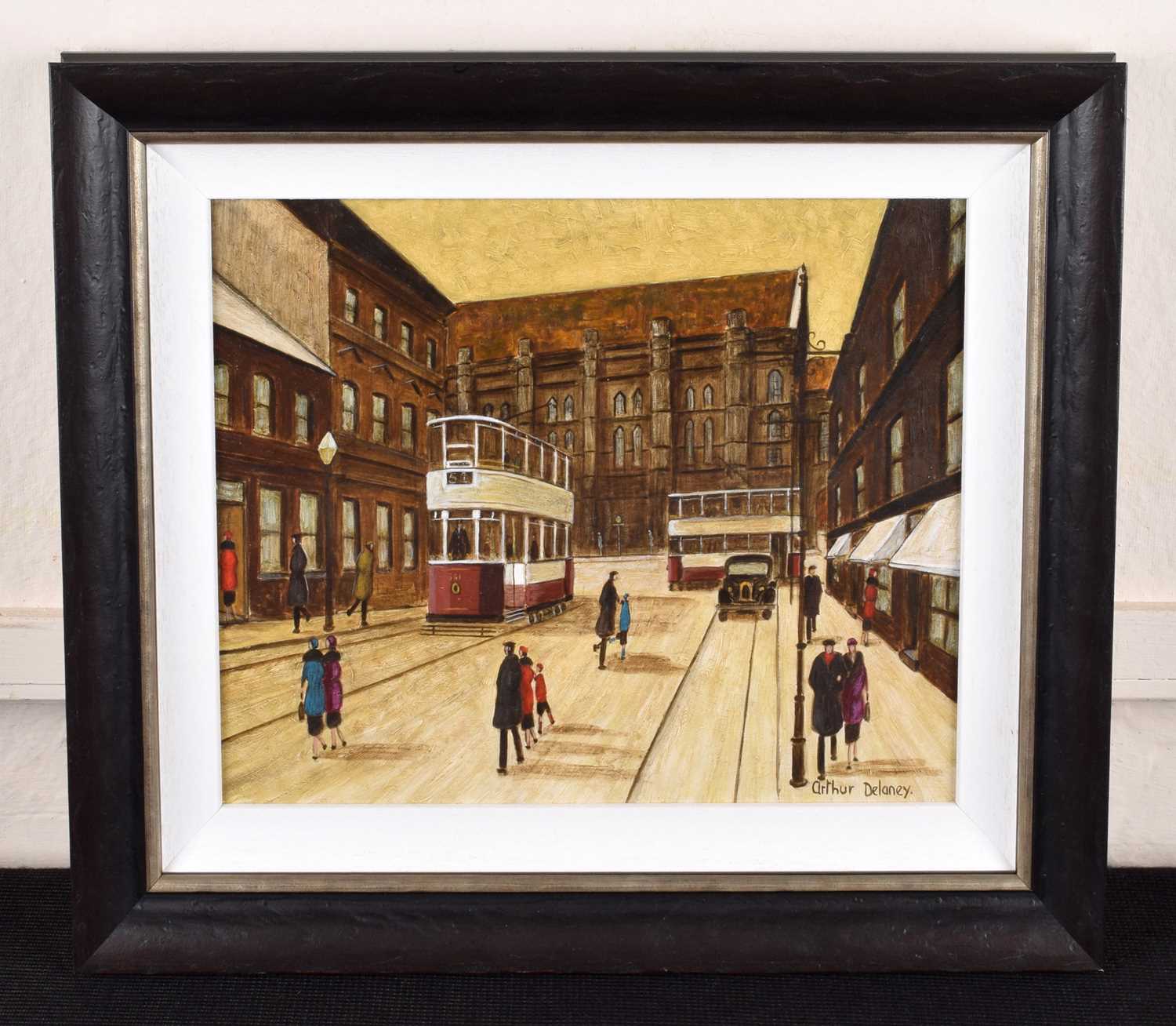 Arthur Delaney (British 1927-1987) Manchester street scene with trams and figures - Image 2 of 2