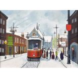 Bob Jones (British 1925-1990) Belle Vue tram scene with figures