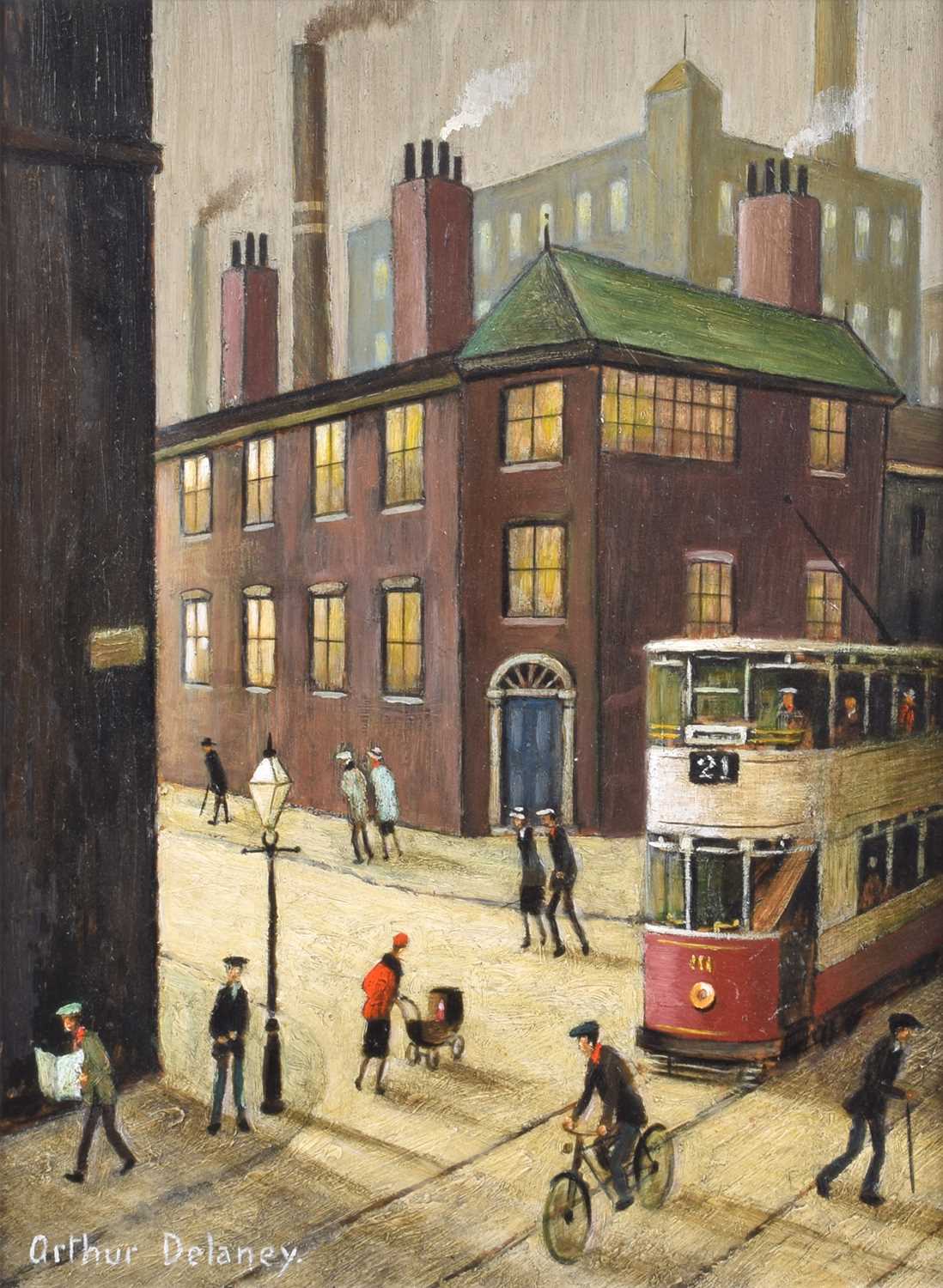 Arthur Delaney (British 1927-1987) Manchester street corner with figures and a tram
