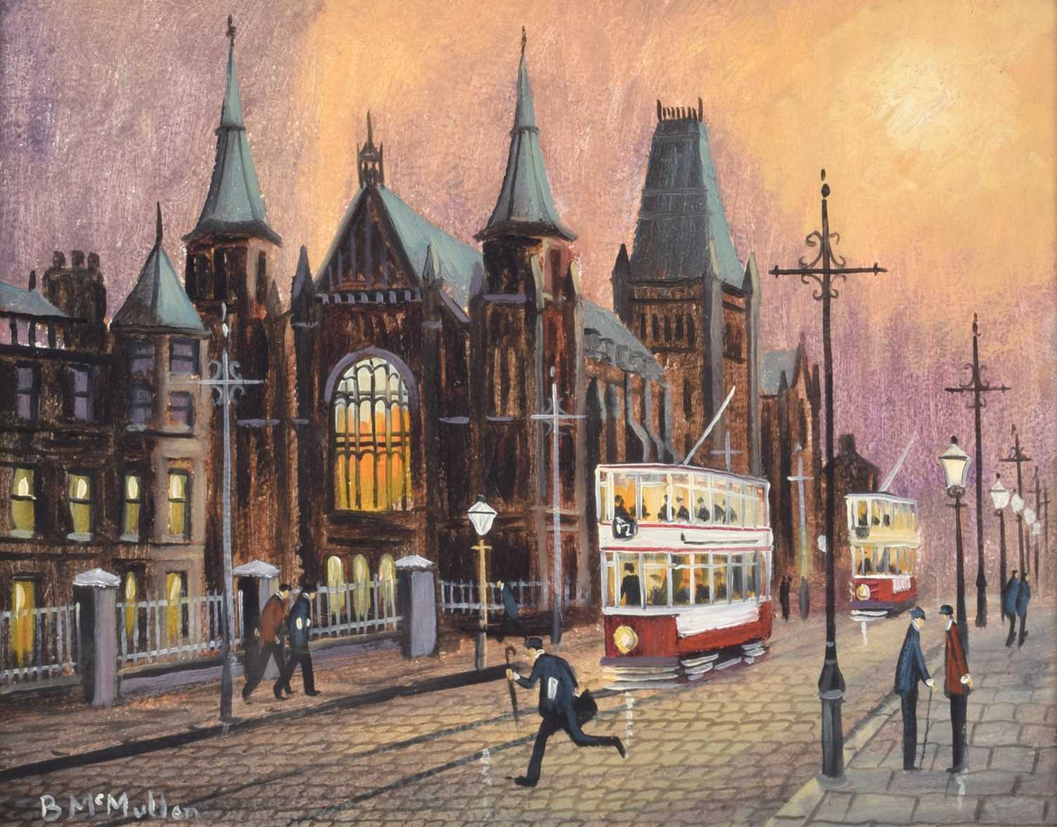 Bernard McMullen (British 1952-2015) Manchester street scene with figures and trams