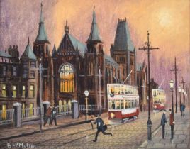 Bernard McMullen (British 1952-2015) Manchester street scene with figures and trams
