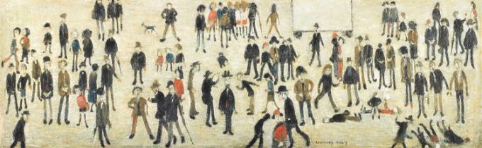 L.S. Lowry R.A. (British 1887-1976) "Crowd Around a Cricket Sight Board"