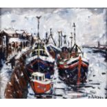 Sue Atkinson (British 1949-2021) "Snowy Harbour Scene with Fishing Boats"