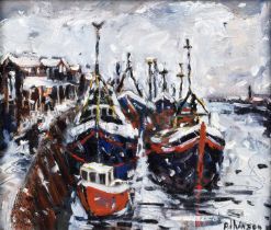 Sue Atkinson (British 1949-2021) "Snowy Harbour Scene with Fishing Boats"