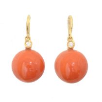 A pair of coral and diamond drop earrings,