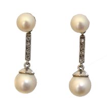 A pair of cultured pearl and diamond drop earrings,
