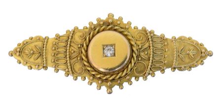 A late Victorian 15ct gold Etruscan diamond brooch,