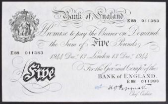 A Black and White Series (1944-45 issued 1945), Five Pounds banknote, K.O. Peppiatt.