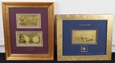 Two framed Royal Mint pure gold banknotes and coin sets (2).