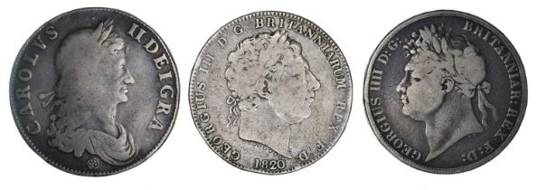 Three historical silver crowns from Charles II, George III and George IV (3).