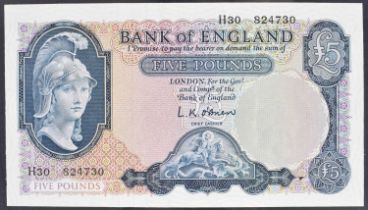 A Series "B" Helmeted Britannia Issue (July 1961), Five Pounds banknote.