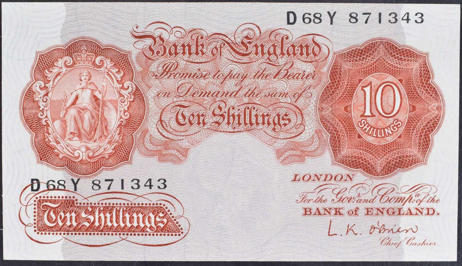 A Bank of England, Ten Shillings, Series "A" Britannia Issue banknote (November 1955).