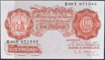 A Bank of England, Ten Shillings, Series "A" Britannia Issue banknote (November 1955).