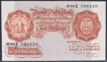 A Bank of England, Ten Shillings, Series "A" Britannia Issue banknote (March 1950).