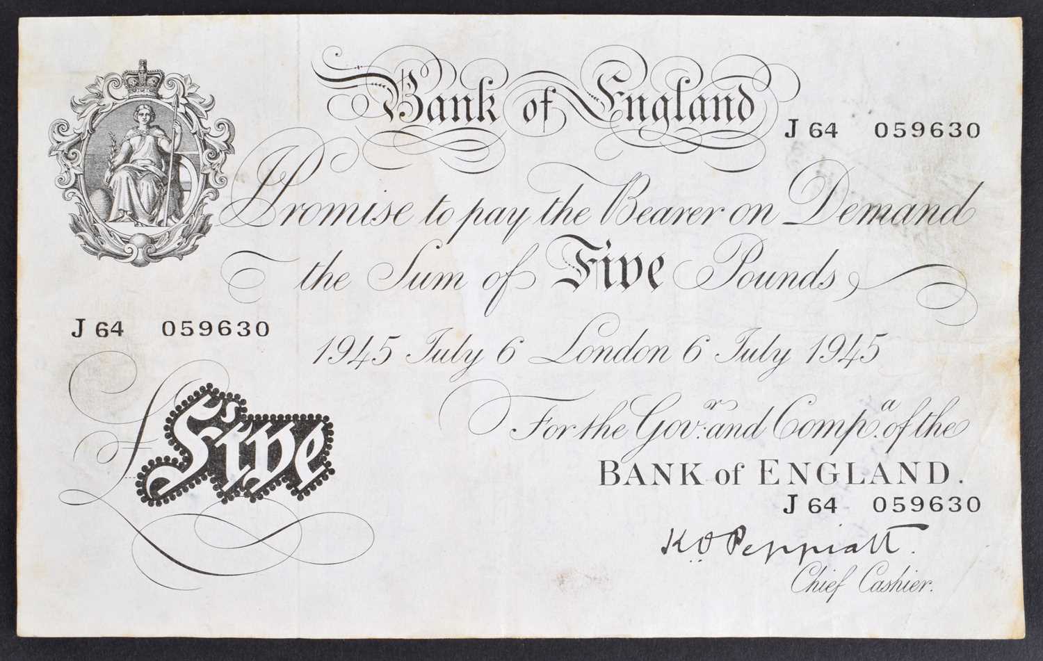 A Black and White Series (1944-45 issued 1945), Five Pounds banknote, K.O. Peppiatt.