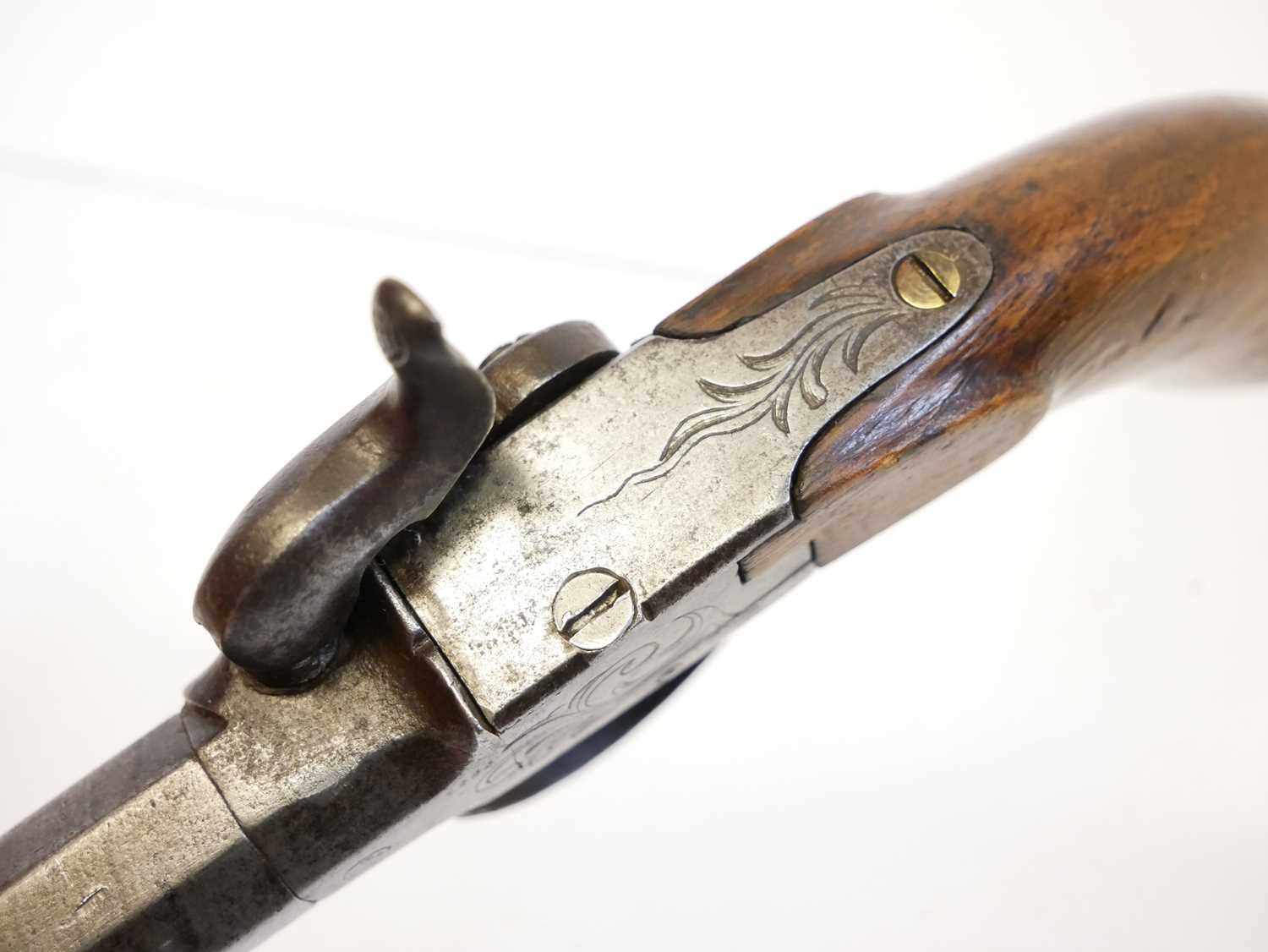 Belgian 48 bore percussion pistol, with 3inch rifled octagonal barrel ,boxlock action engraved - Image 4 of 9