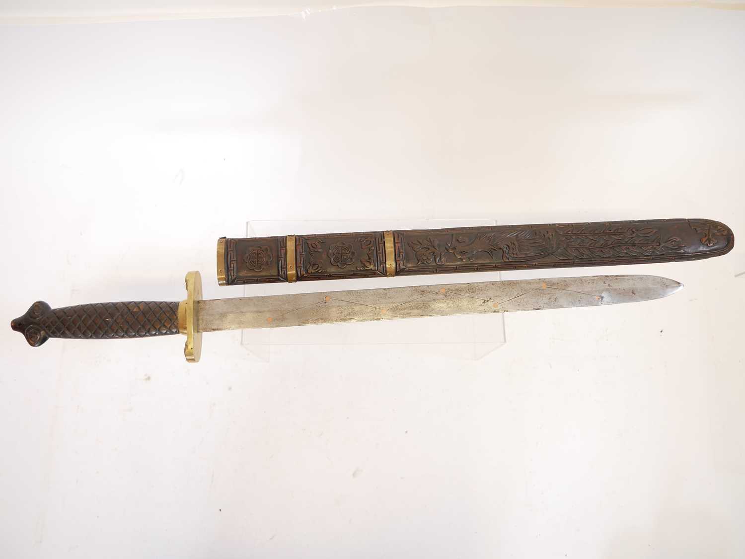 Chinese double edged sword, with copper studded blade, brass guard and carved grip and scabbard. - Image 2 of 7