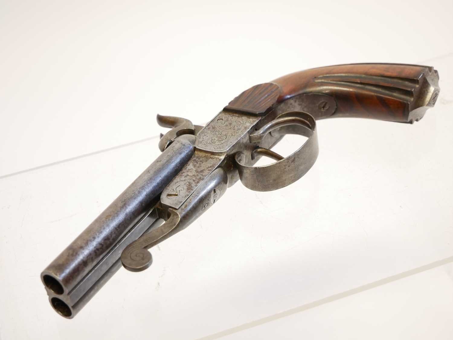 Belgian 56 bore double barrel pinfire pistol, with 4inch rifled barrels, boxlock action with - Image 9 of 9