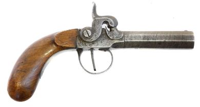 Belgian 48 bore percussion pistol, with 3inch rifled octagonal barrel ,boxlock action engraved