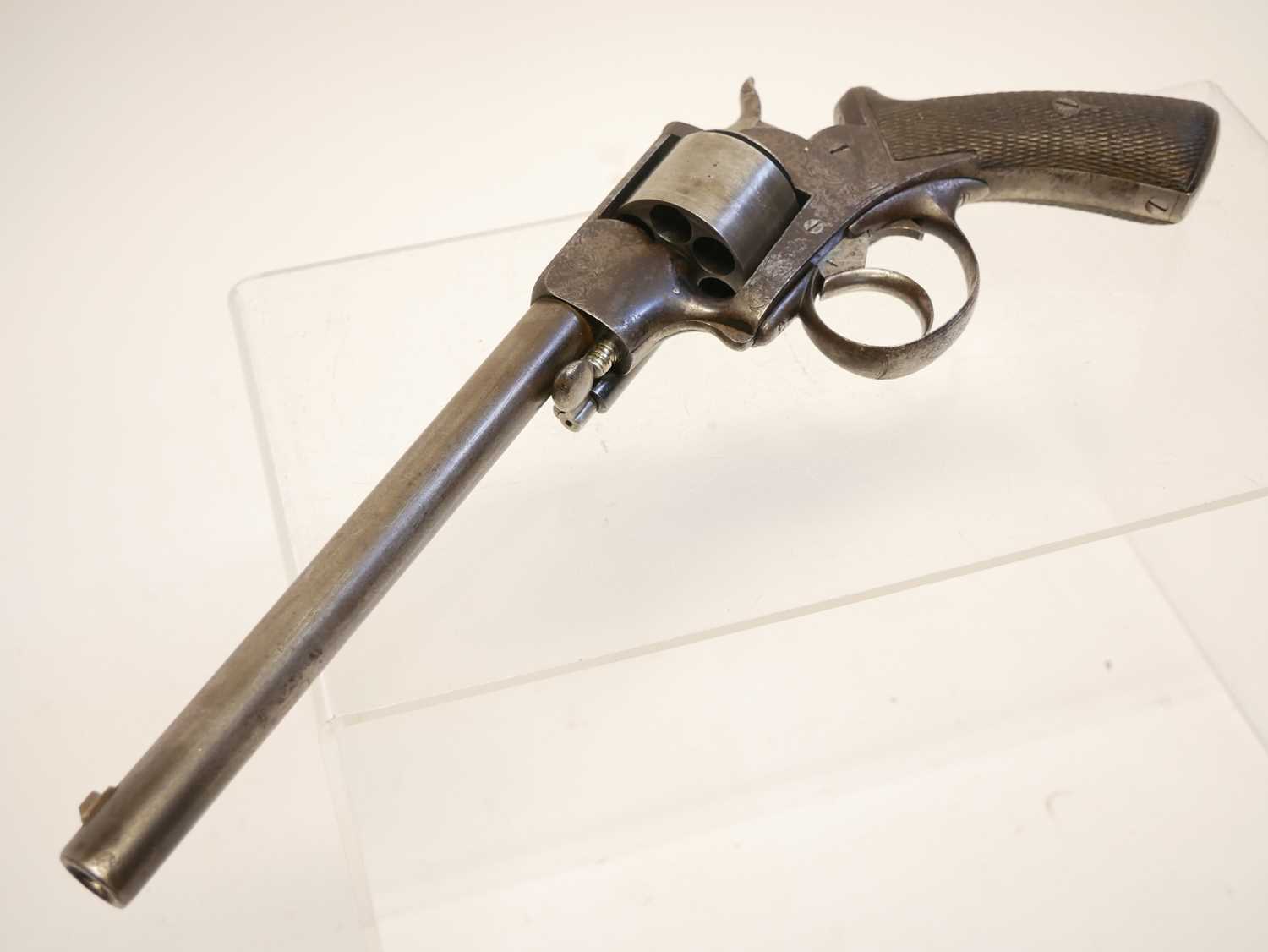 Webley solid frame .442 rimfire revolver, 8inch sighted round barrel the top strap engraved 'Hills - Image 9 of 14