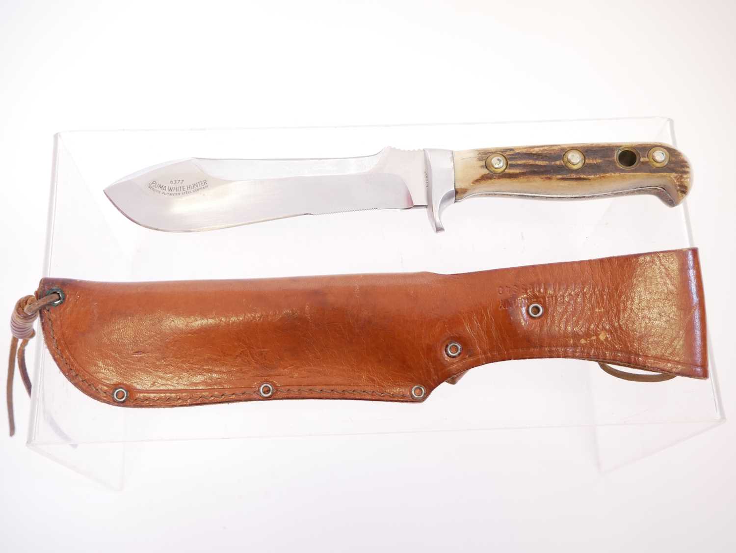 Puma White Hunter knife and scabbard, 6inch blade fitted with staghorn grips, serial number 6377, - Image 3 of 9