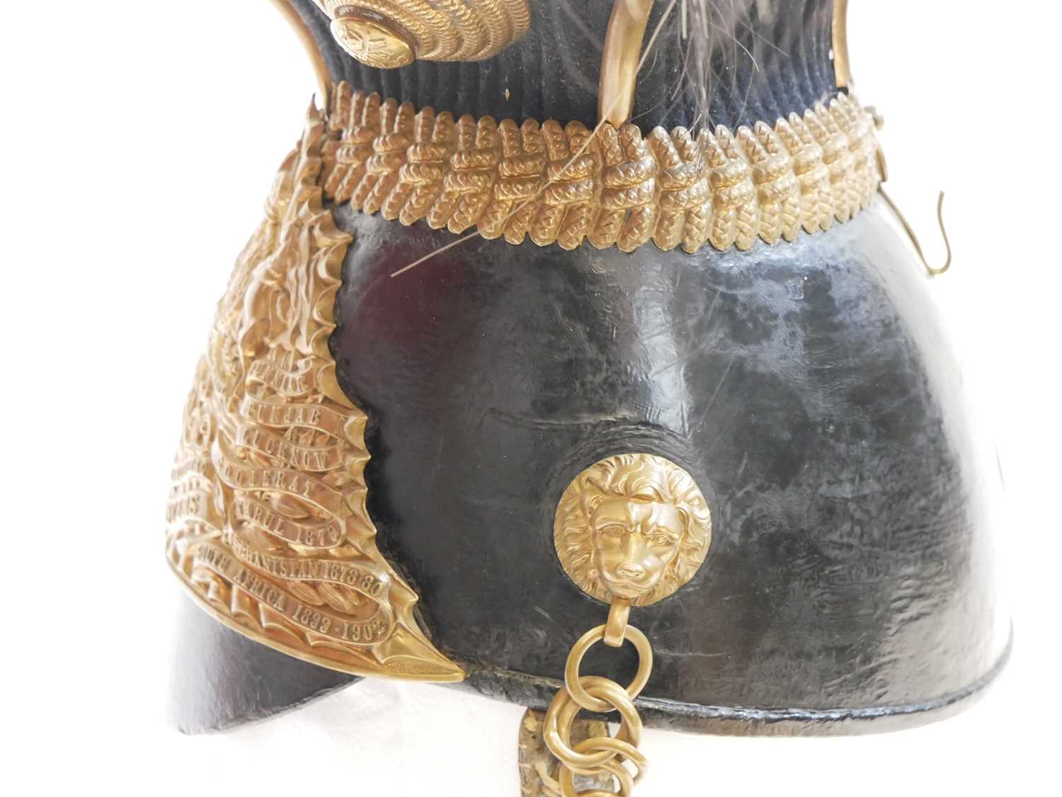 Royal Lancers chapska or helmet, fitted with helmet plate, chinscales, and plume bears remnants of - Image 8 of 14