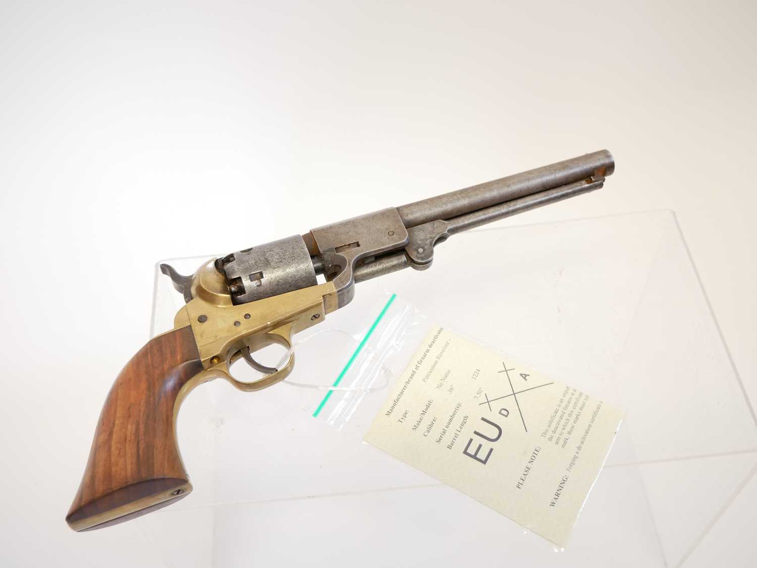 Deactivated Italian copy of a brass frame Colt navy percussion revolver, 7.5inch barrel, no serial - Bild 2 aus 7