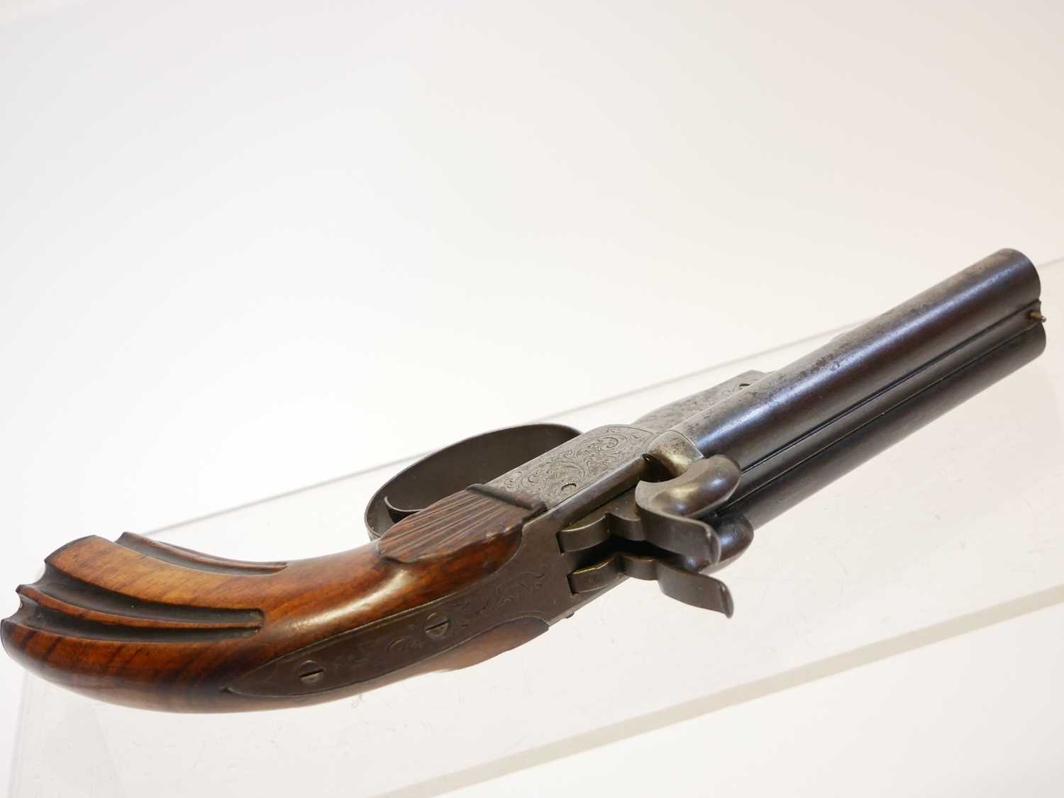 Belgian 56 bore double barrel pinfire pistol, with 4inch rifled barrels, boxlock action with - Image 5 of 9