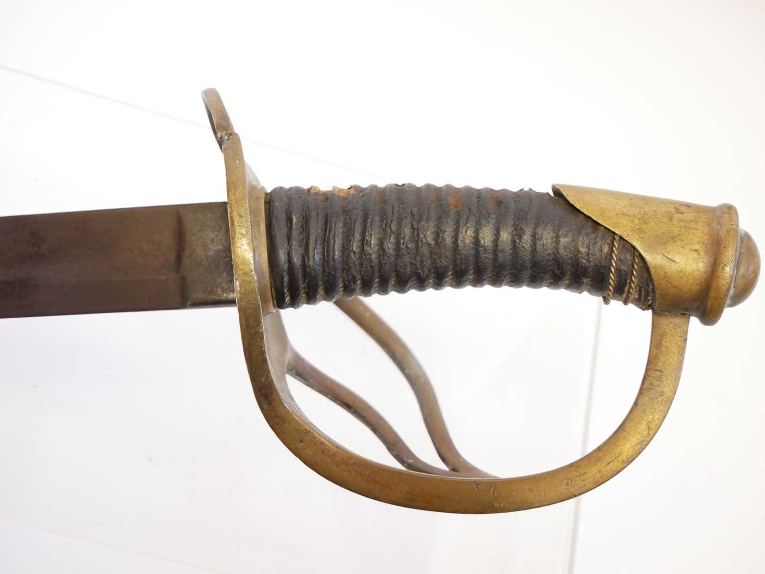 Model 1840 wrist breaker type sword, curved fullered blade with brass guard and leather covered - Image 10 of 13