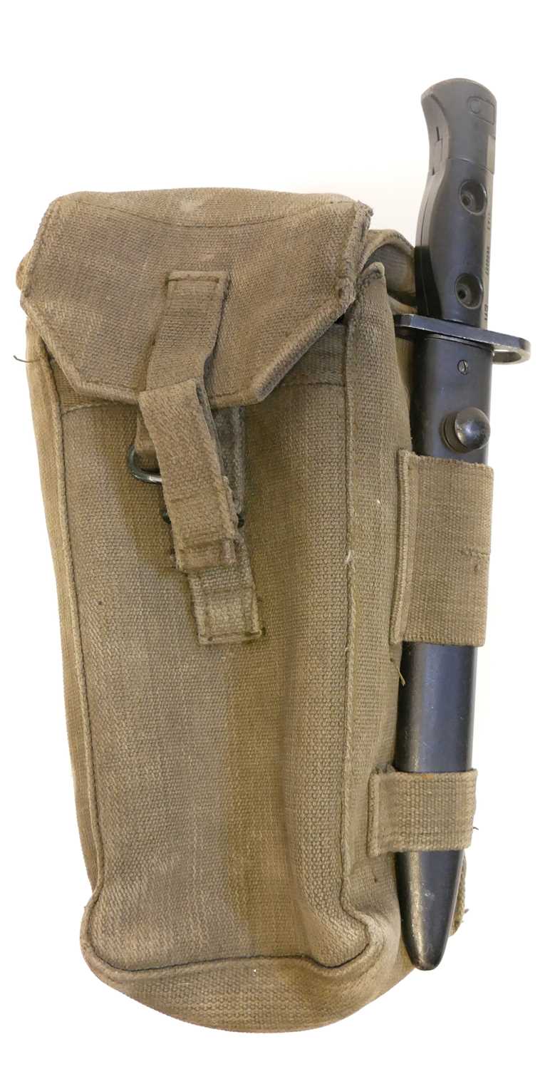 British L1A3 knife bayonet and scabbard for the SLR in the integral frog on a Pattern 58 webbing