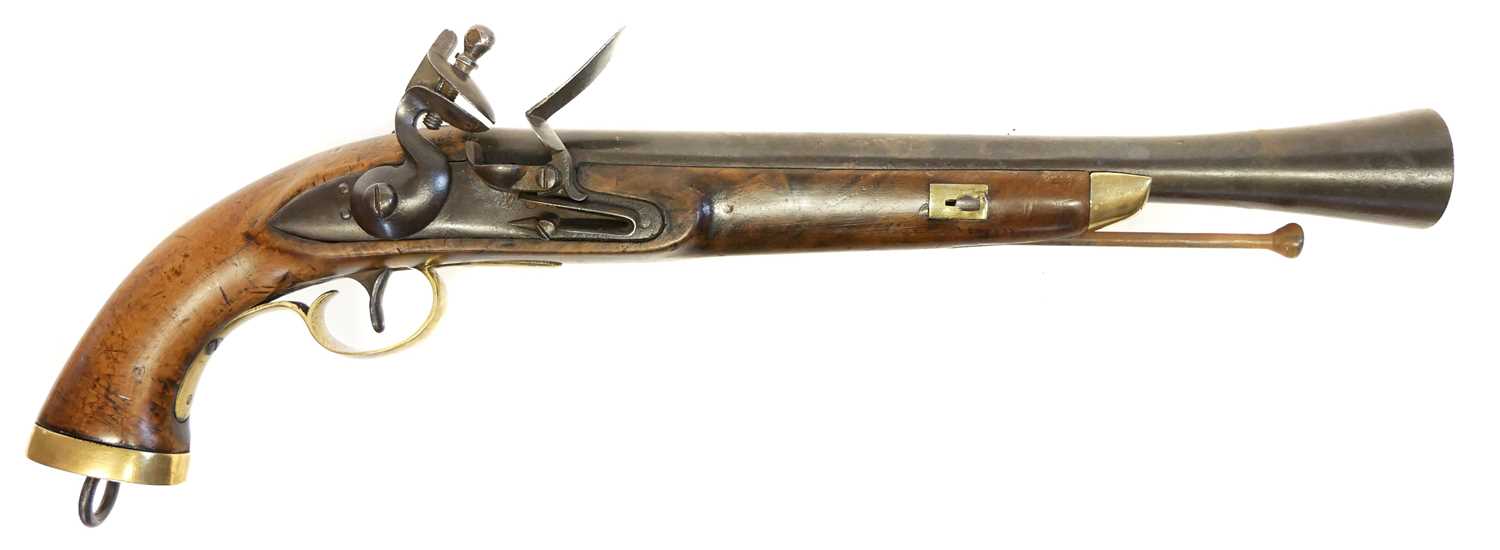 Belgian flintlock blunderbuss pistol, 13 inch barrel with flaring muzzle, stamped with Liege proof