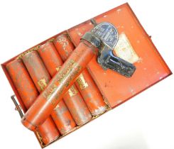 Antifyre pistole extinguisher, with five empty cartridges and tin carry case containing the four