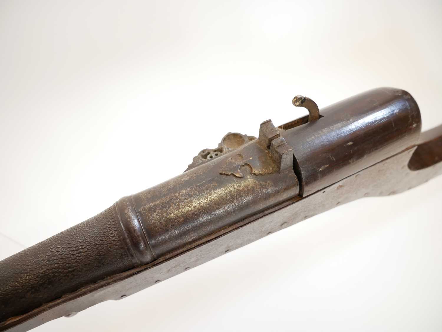 Large Indian matchlock, 42 inch barrel approximately 10 bore, steel reinforced stock. THIS LOT IS - Image 15 of 15