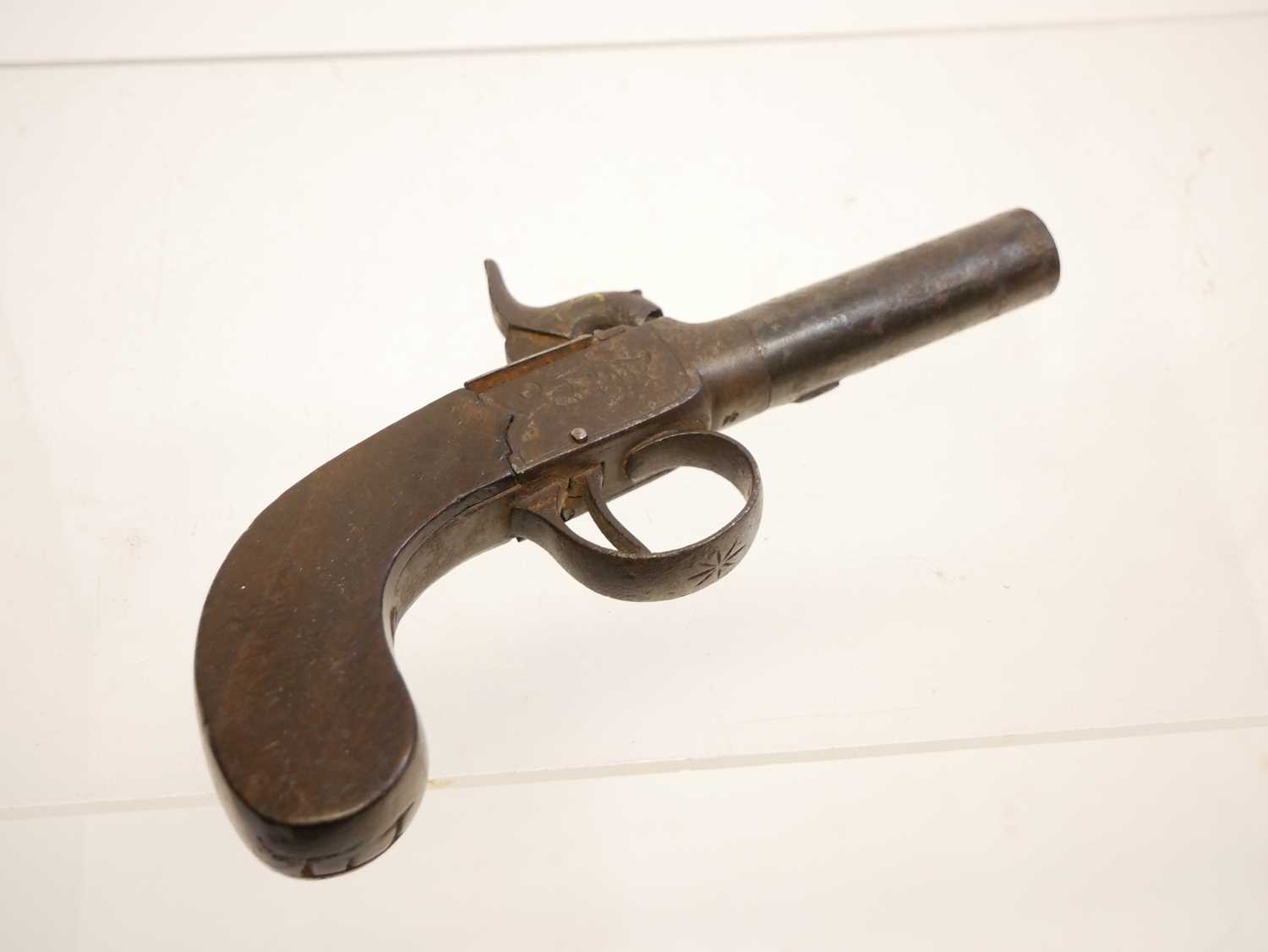 Percussion 70 bore pistol, 2.25inch barrel, box lock action engraved with scrollwork, the stock - Image 7 of 10