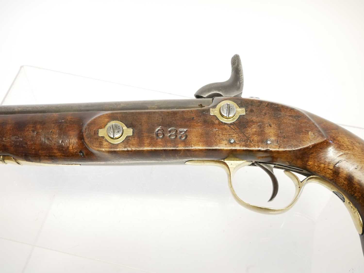 Percussion pistol, 9inch barrel, the lock with replacement hammers stamped Yeoman's London, brass - Image 7 of 10