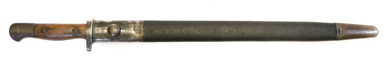 WWI Australian Lithgow 1910 SMLE bayonet and scabbard, with muzzle ring removed, stamped 2 M.C.