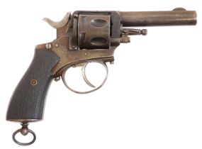 Belgian 9mm revolver, serial number 676, 3.25 inch sighted barrel, action mounted sliding safety