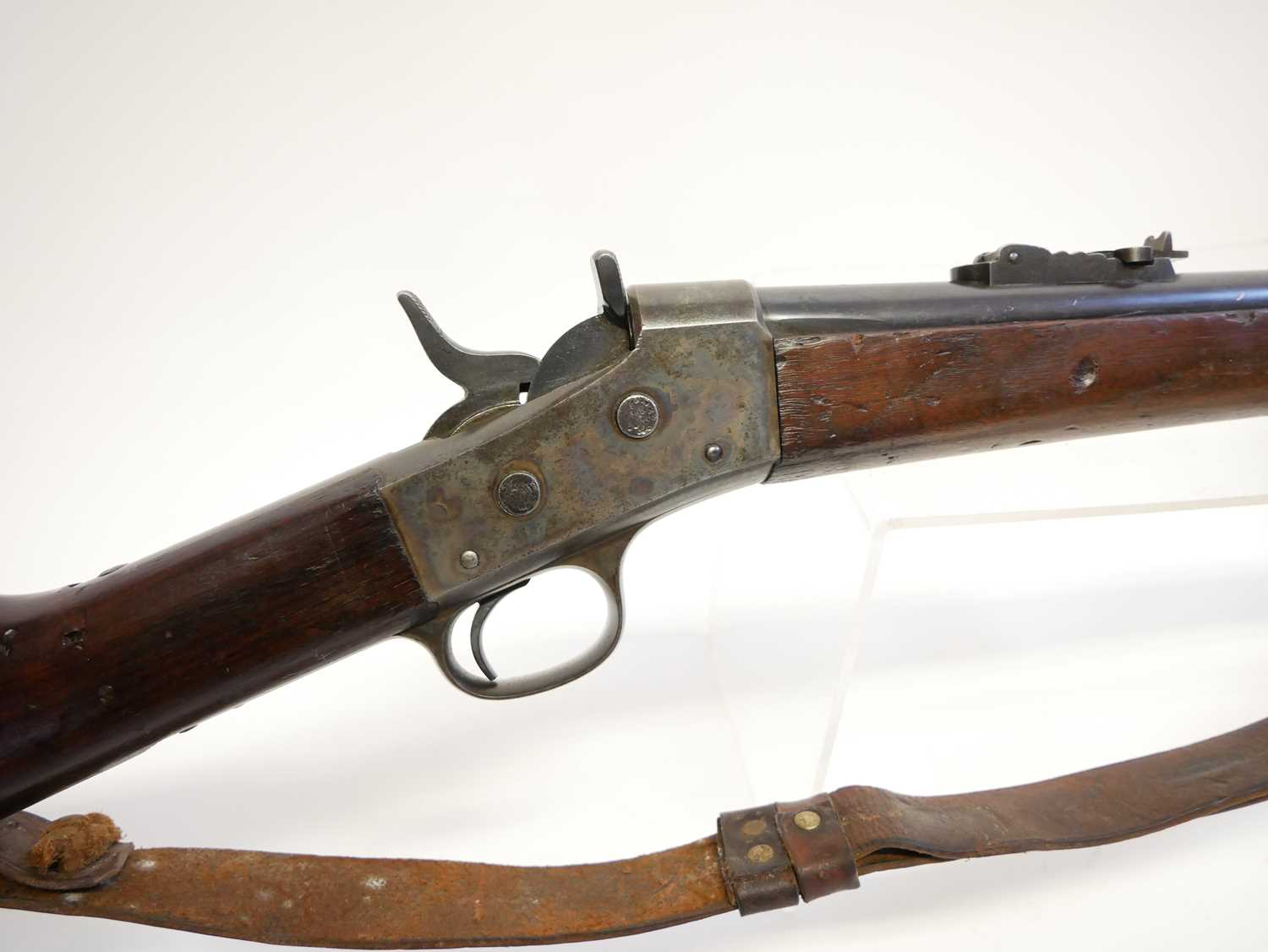 Remington rolling block rifle chambered in .43 Spanish, 36inch barrel with bayonet bar and folding - Image 5 of 14