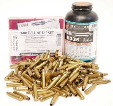 .223 reloading components and dies, to include a Lee Deluxe four die set with shell plate holder,