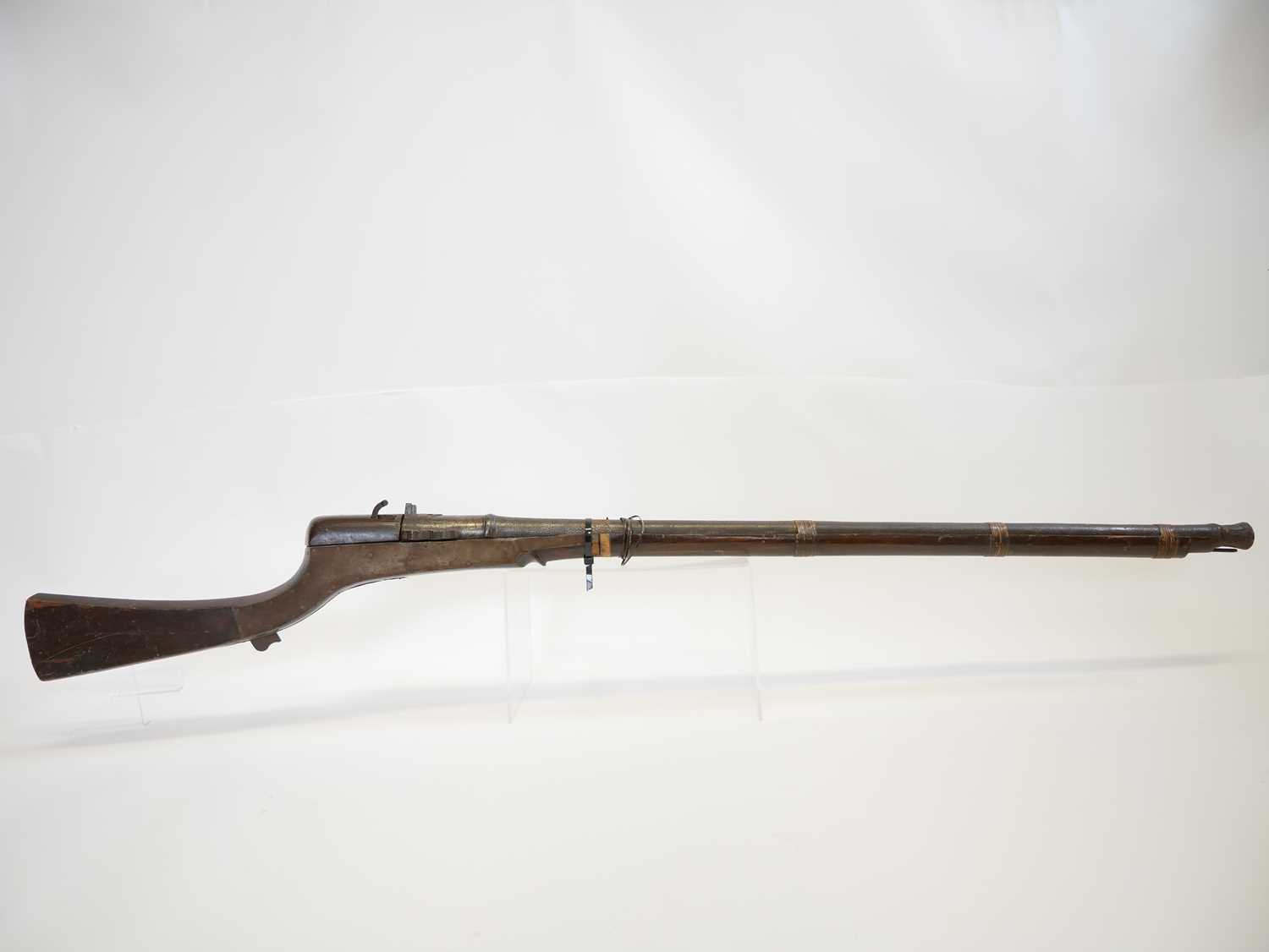 Large Indian matchlock, 42 inch barrel approximately 10 bore, steel reinforced stock. THIS LOT IS - Image 2 of 15