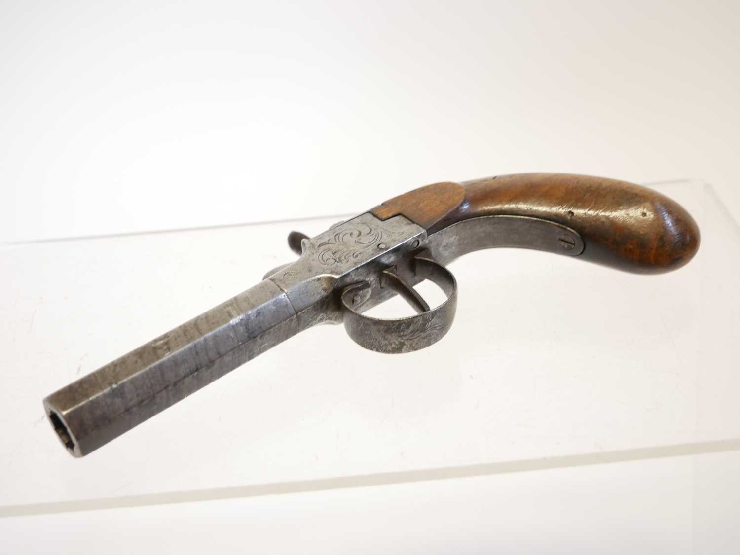 Belgian 48 bore percussion pistol, with 3inch rifled octagonal barrel ,boxlock action engraved - Image 8 of 9