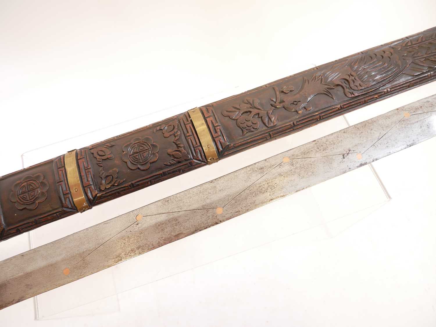 Chinese double edged sword, with copper studded blade, brass guard and carved grip and scabbard. - Image 4 of 7