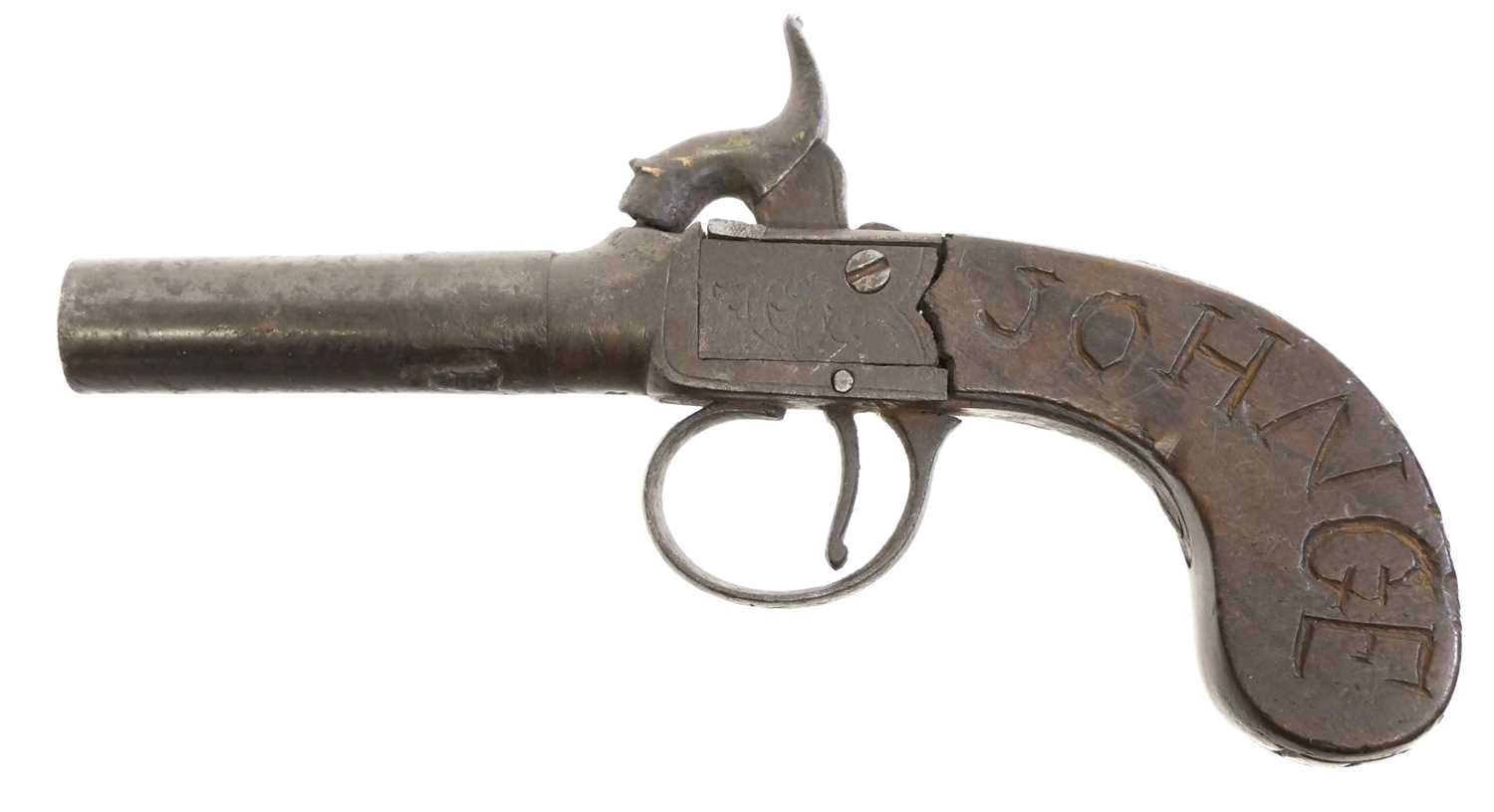Percussion 70 bore pistol, 2.25inch barrel, box lock action engraved with scrollwork, the stock
