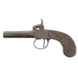 Percussion 70 bore pistol, 2.25inch barrel, box lock action engraved with scrollwork, the stock