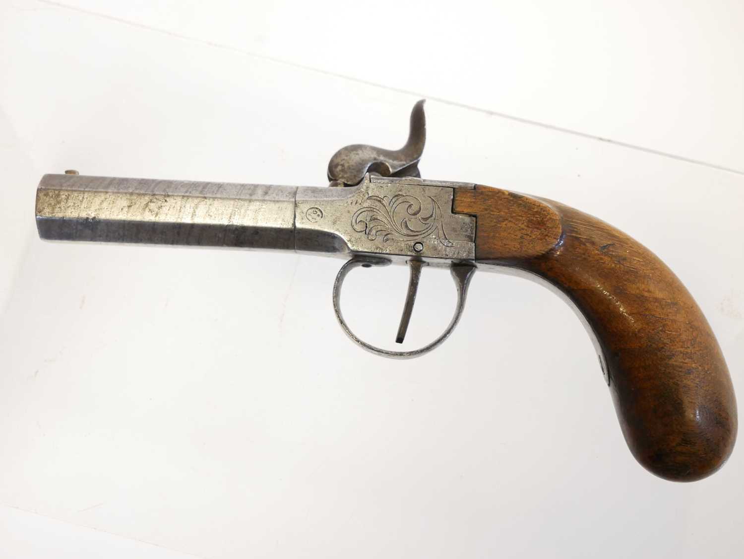Belgian 48 bore percussion pistol, with 3inch rifled octagonal barrel ,boxlock action engraved - Image 6 of 9