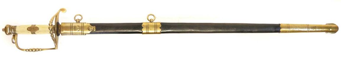 Reproduction of a British Officer’s 5 Ball Spadroon sword, 32 inch fullered blade, brass guard