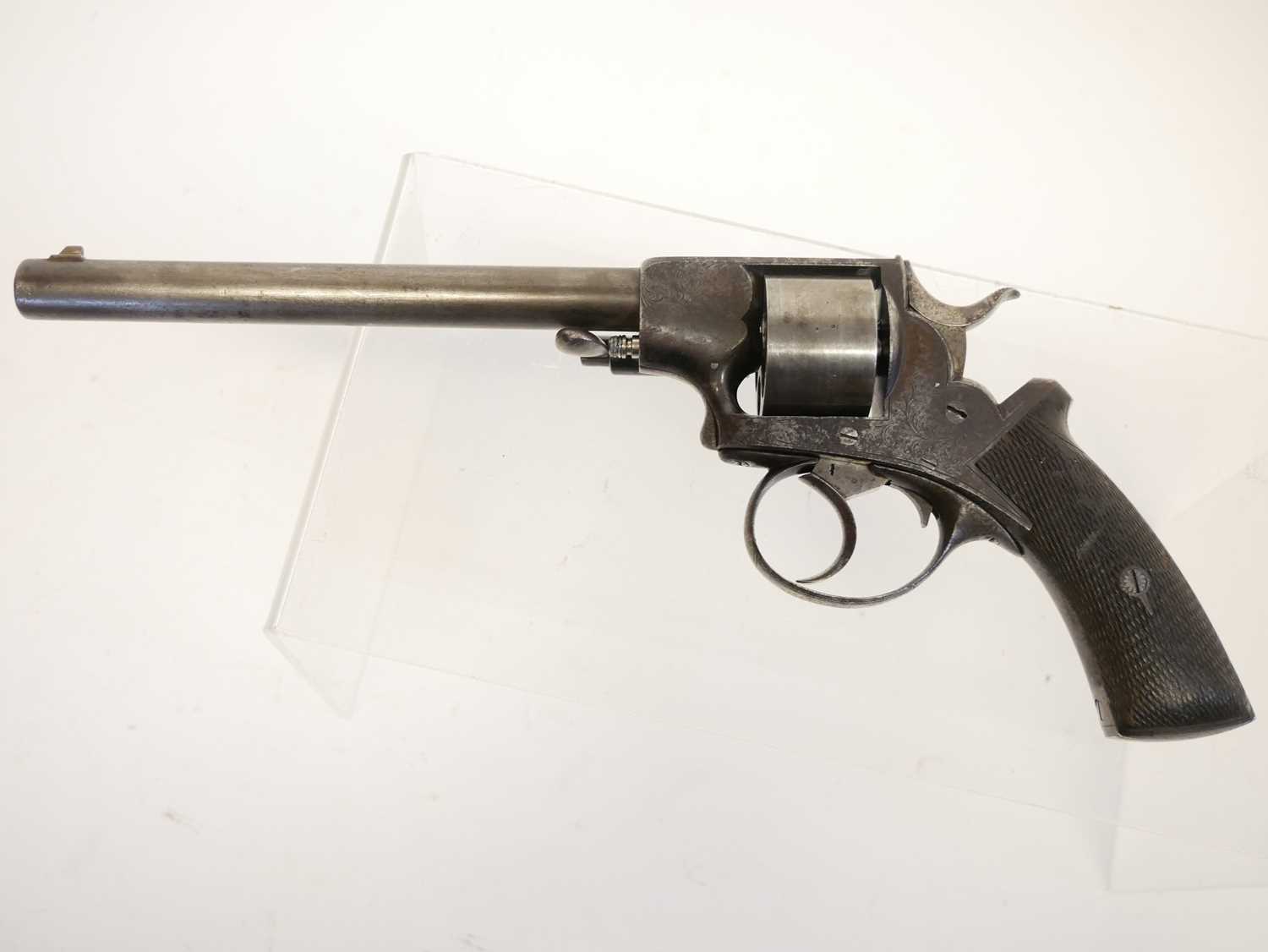 Webley solid frame .442 rimfire revolver, 8inch sighted round barrel the top strap engraved 'Hills - Image 8 of 14