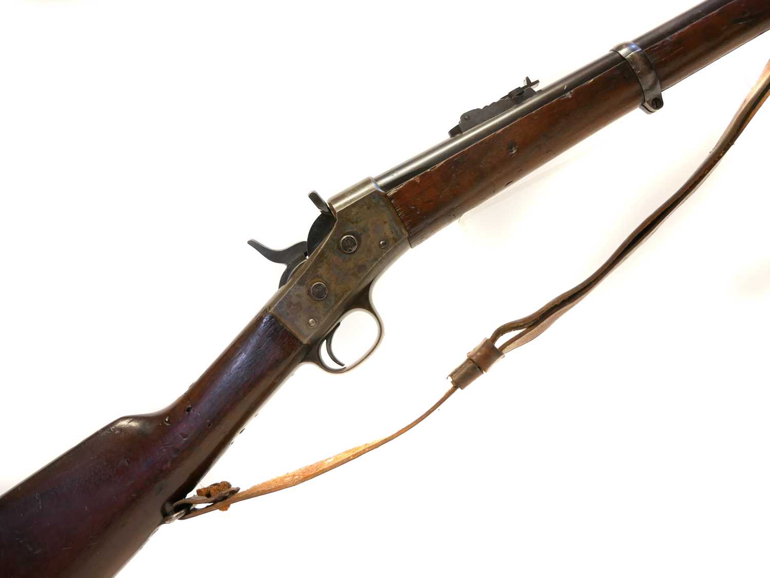 Remington rolling block rifle chambered in .43 Spanish, 36inch barrel with bayonet bar and folding